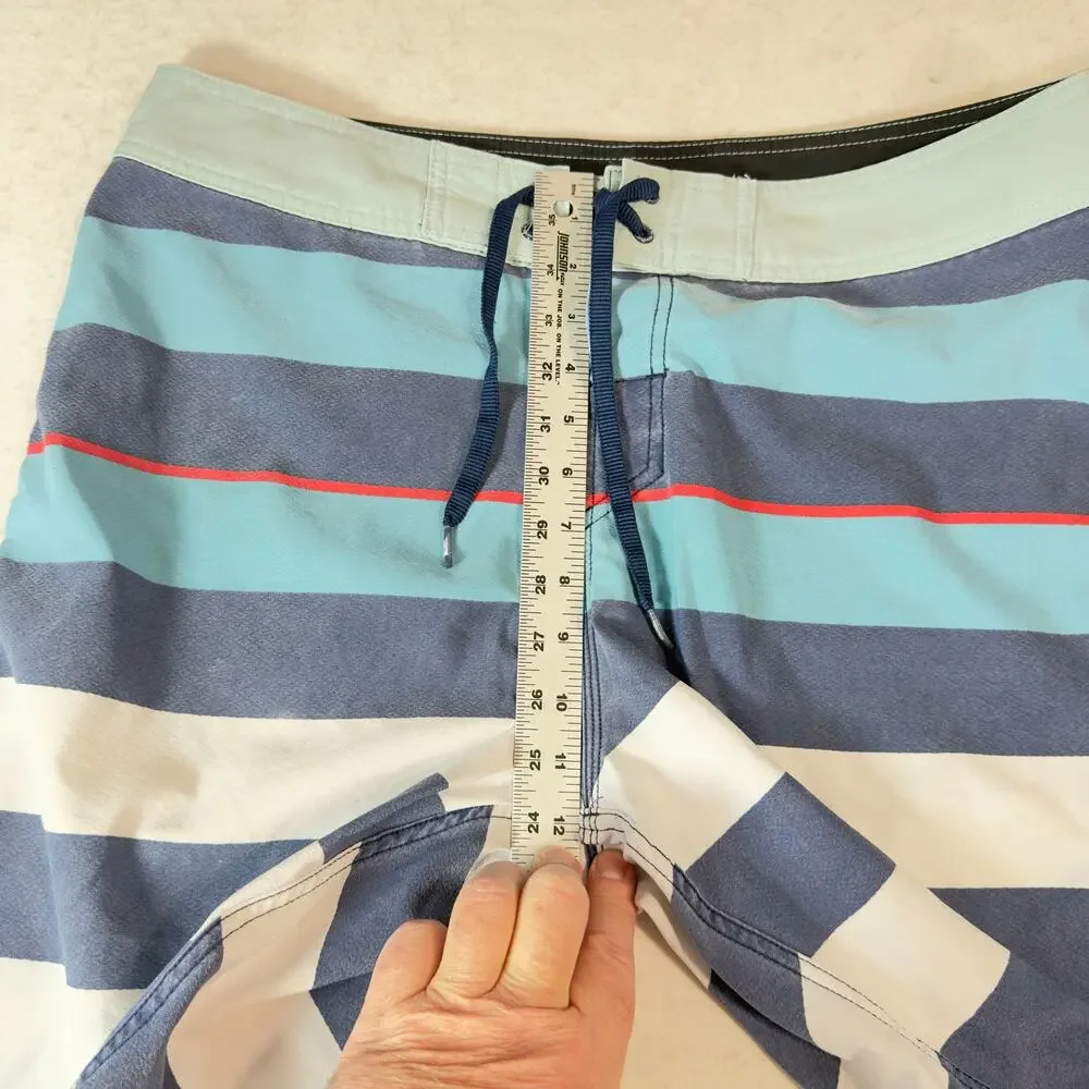 Quiksilver W34 Board Shorts Blue Stripe Swim Trunk Recycled Polyester Drawstring